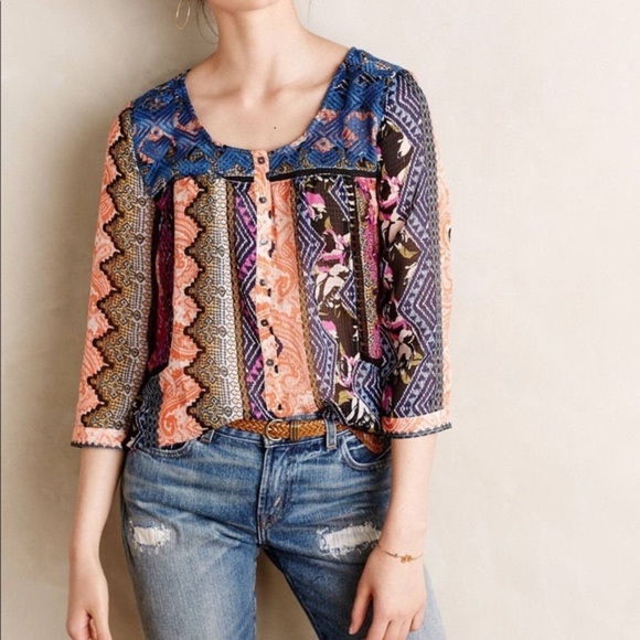 Anthropologie Embroidered Patchwork Henley - Picture 1 of 16